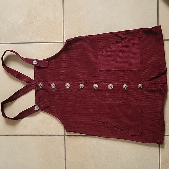 Dresses & Skirts - Women’s Burgundy Corduroy Button-Front Pinafore Mini Dress